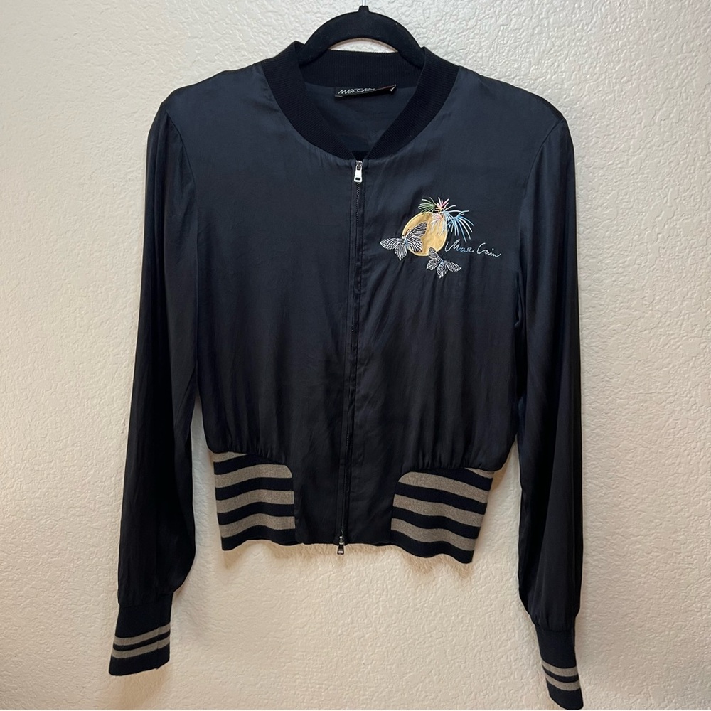 Marc Cain Black Silk Cropped Bomber Jacket Embroidered On Back Zip Up XS/ S - Picture 2 of 9